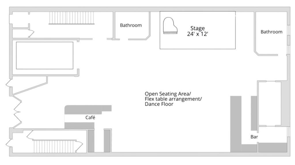 ShapeShifter Lab ground floor plan showing stage, open seating and dance floor, bar, café, two restrooms, and main entrances on Union Street